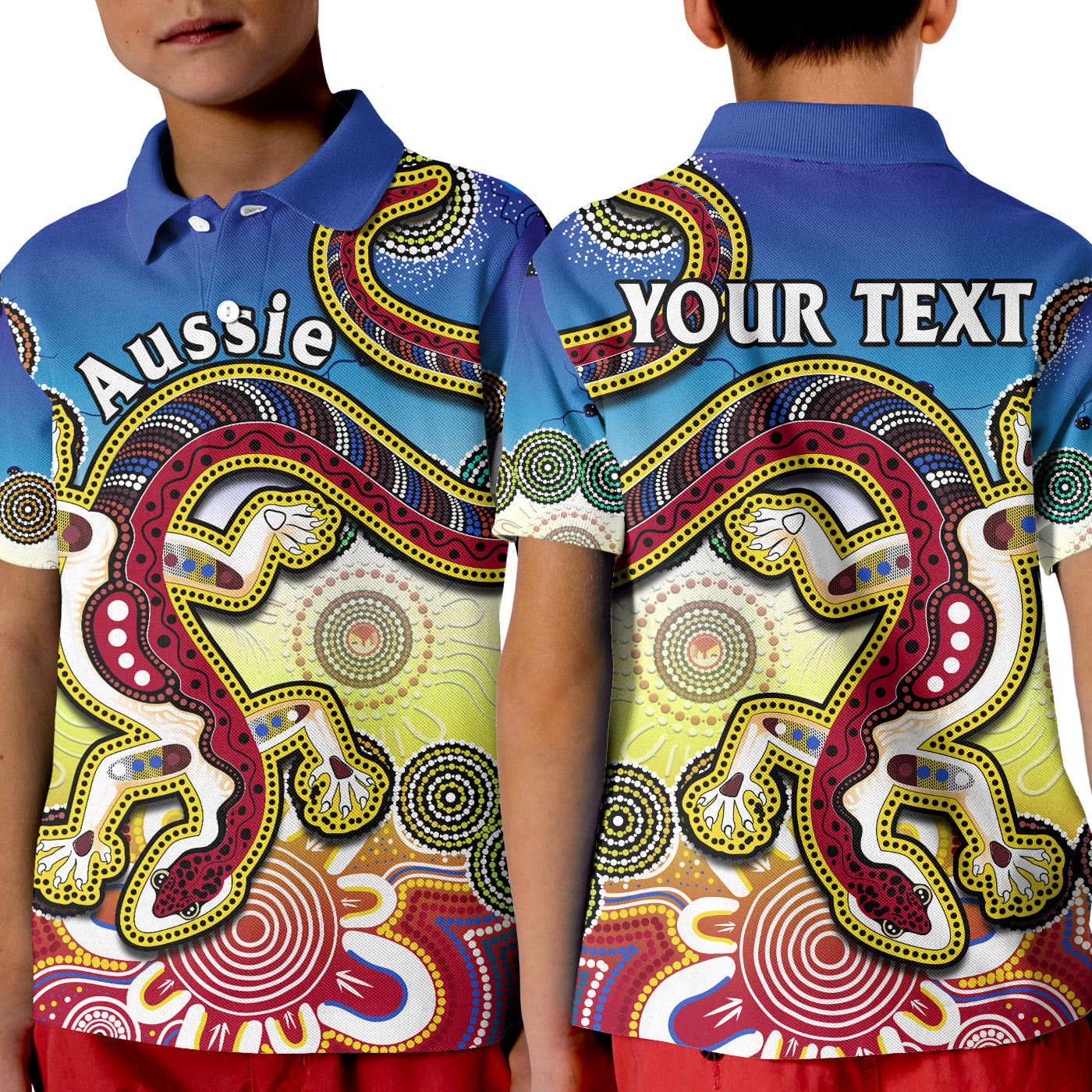 custom-personalised-australia-polo-shirt-kid-indigenous-red-lizard-love-aussie-artsy