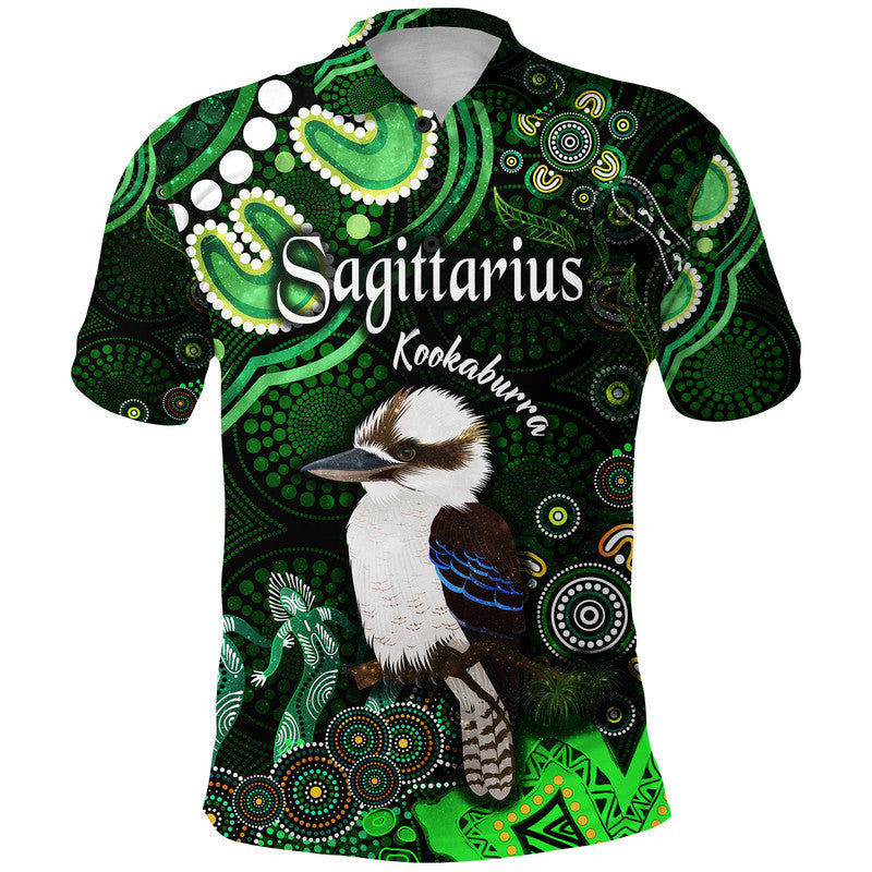 custom-personalised-australian-astrology-polo-shirt-sagittarius-kookaburra-zodiac-aboriginal-vibes-green