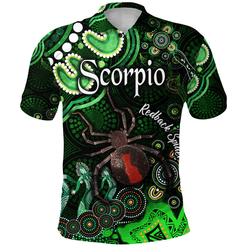 custom-personalised-australian-astrology-polo-shirt-scorpio-redback-spider-zodiac-aboriginal-vibes-green