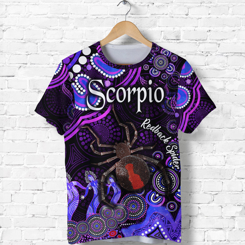 custom-personalised-australian-astrology-t-shirt-scorpio-redback-spider-zodiac-aboriginal-vibes-purple