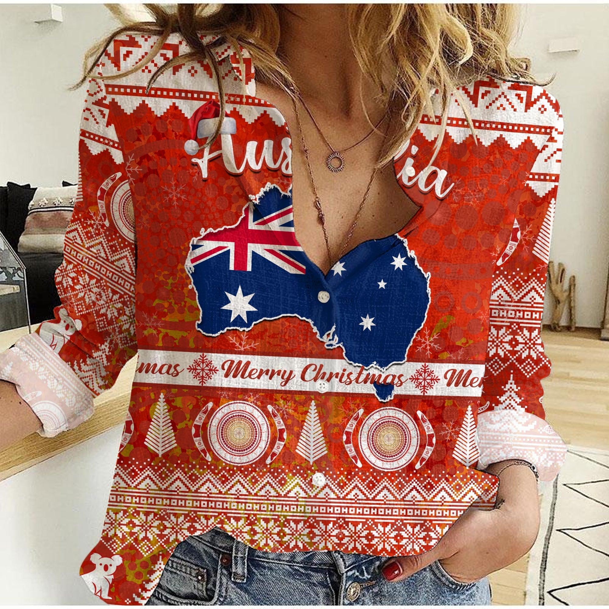custom-personalised-australia-women-casual-shirt-australian-map-aboriginal-painting-merry-christmas
