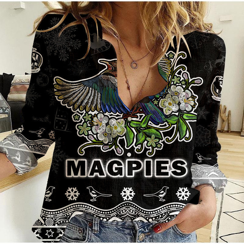 custom-personalised-and-number-collingwood-pies-unique-winter-season-women-casual-shirt-magpies-merry-christmas