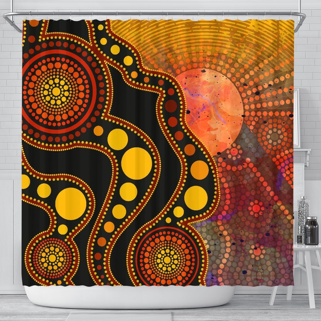 vibe-hoodie-aboriginal-shower-curtain-australia-indigenous-flag-circle-dot-painting-art-golden-rlt20